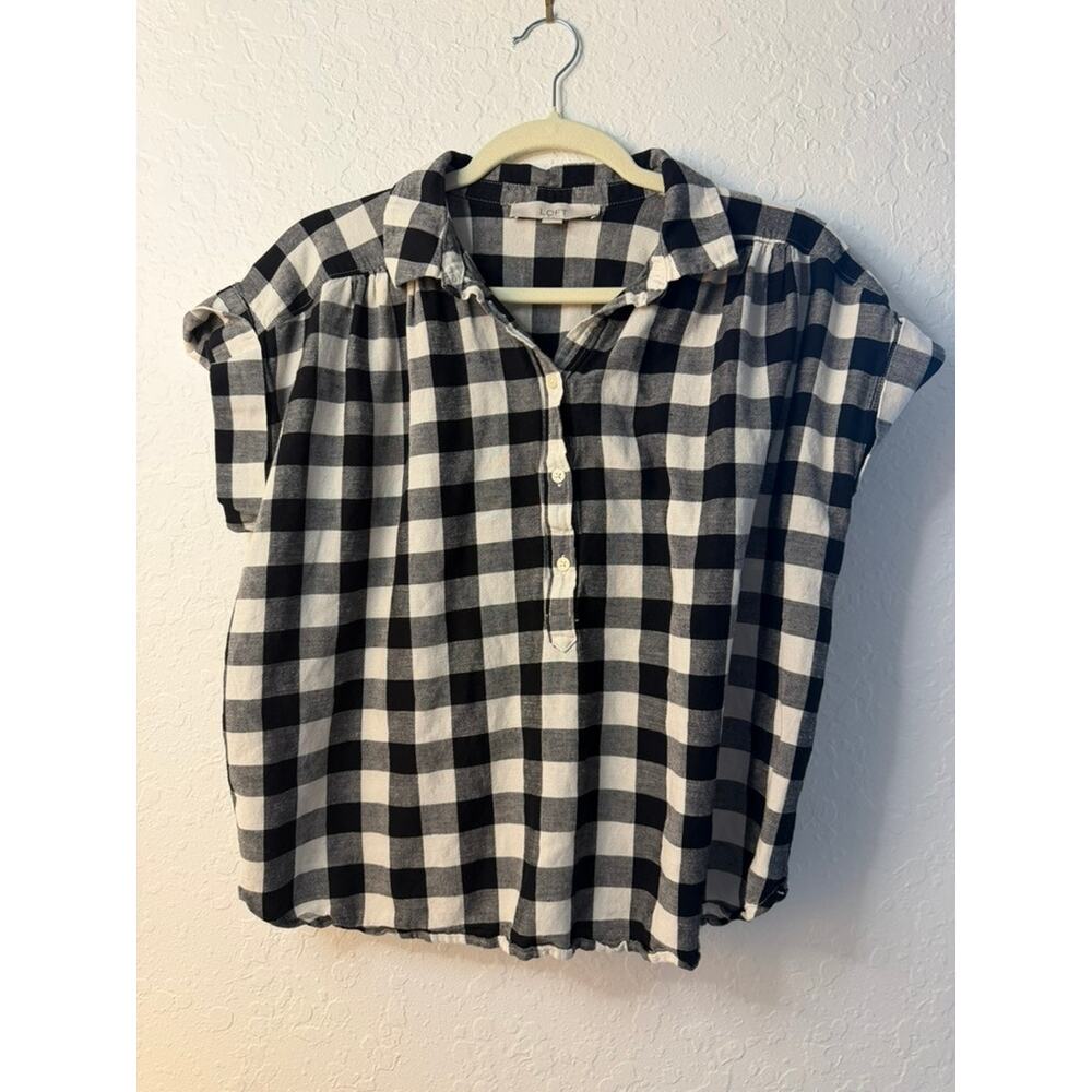 LOFT Petites Black White Buffalo Check Popover Blouse Cap Sleeve Size LP